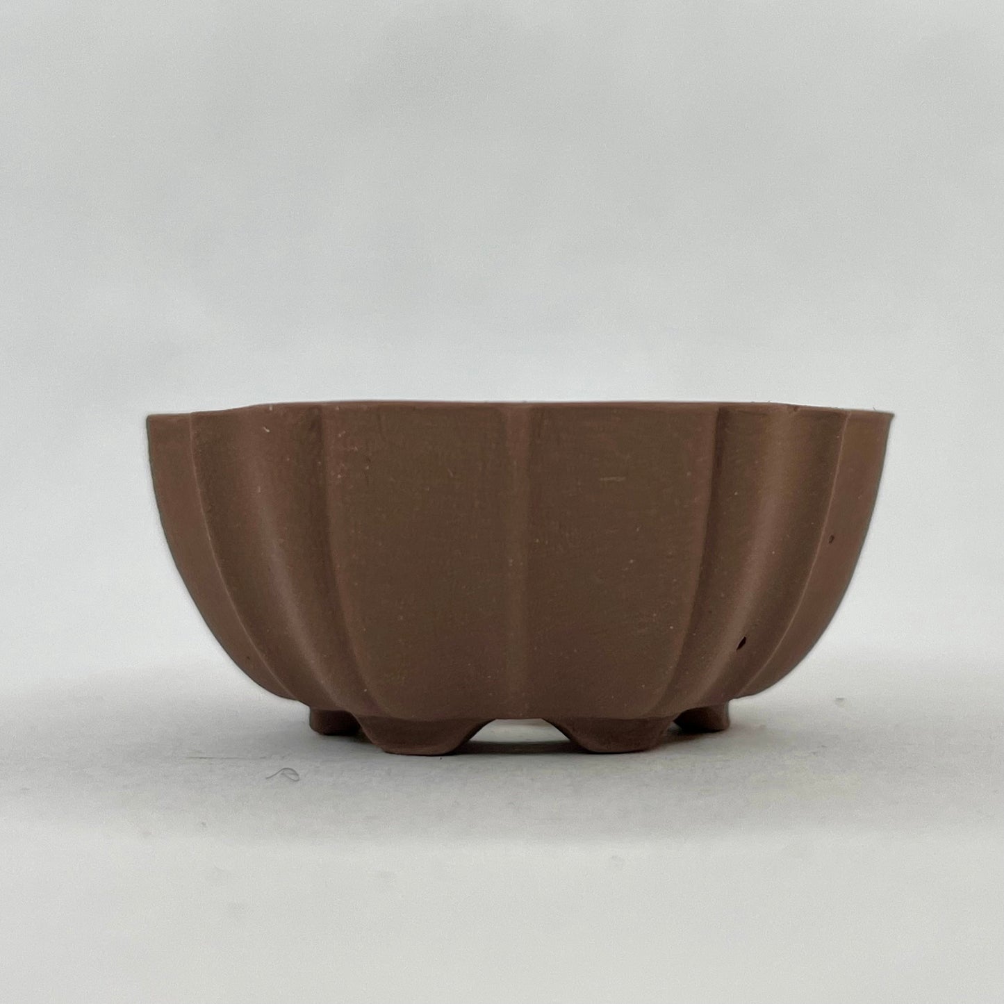 Tiny Unglazed Flower-Shaped Mame Bonsai Pot in Chocolate Porcelain, Less than 1.5 inches wide