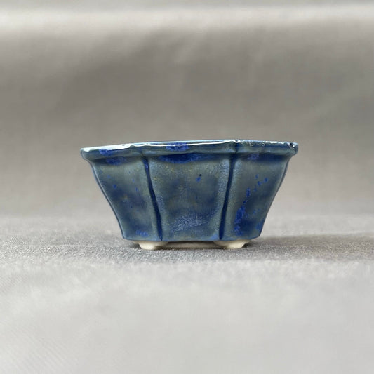 New! Tiny Flower-Shaped Mame Bonsai Pot in Deep Blue Cerulean, About 1.25 inches wide