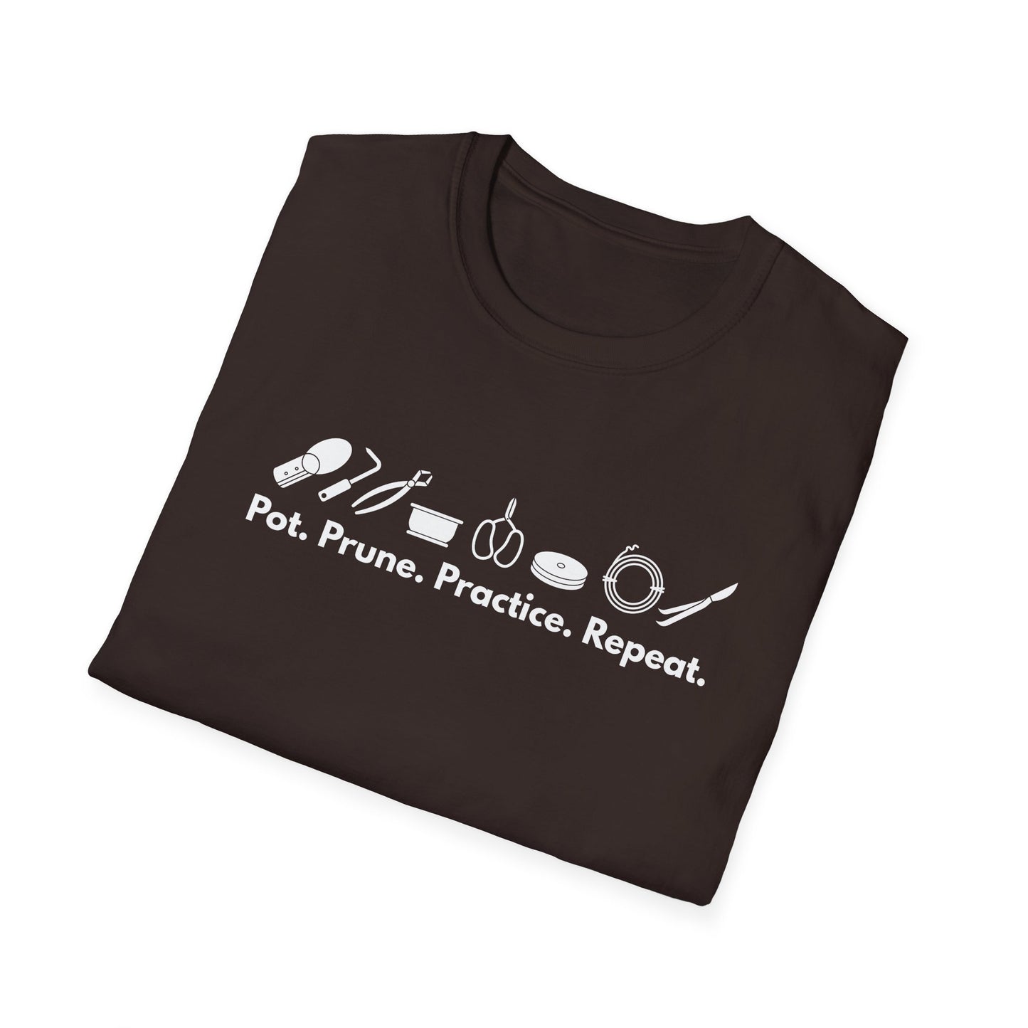 Tshirt G: Bonsai Tools T-Shirt for Bonsai Hobbyists, Pot, Prune, Practice, Repeat Bonsai Lover Shirt, Soil Scoop, Pruners, Scissors, Wire, Turntable
