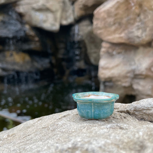 Tiny Flower-Shaped Mame Bonsai Pot in Turquoise Opal Lustre, Less than 1.5 inches wide
