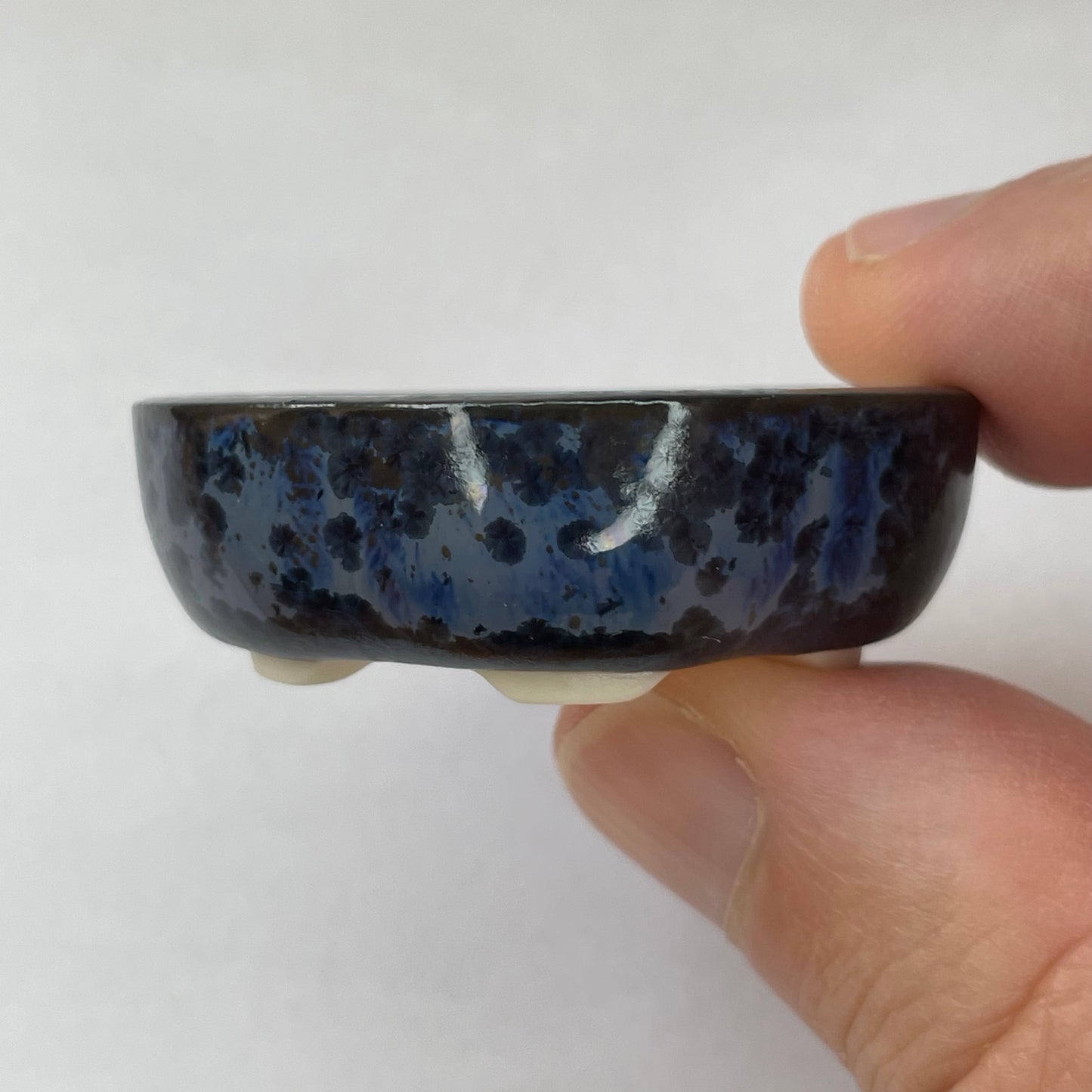 Tiny Rounded Oval Mame Bonsai Pot in Blue Opal, about 1.5 inches wide