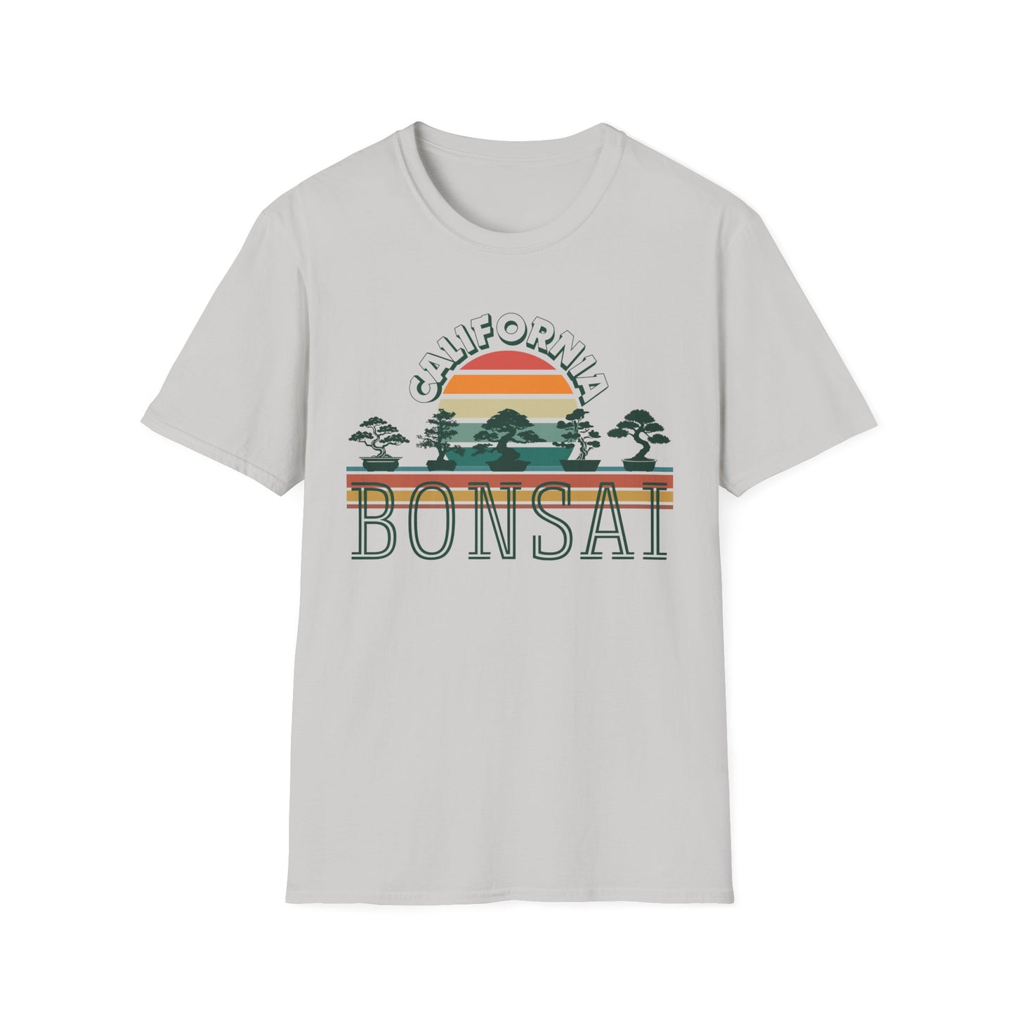Tshirt 1: Vintage California Sunset Bonsai Tree T-Shirt, Bonsai Lover Hobby Gift, Retro Style Rainbow Sunset Softstyle Tee, Summer Beach Bonsai Shirt