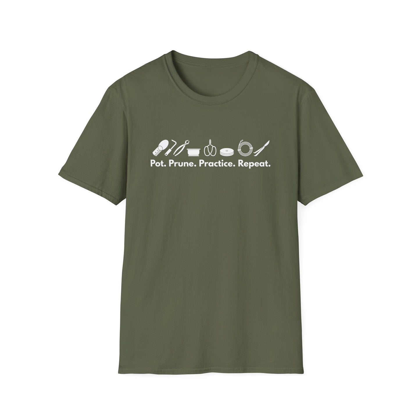 Tshirt G: Bonsai Tools T-Shirt for Bonsai Hobbyists, Pot, Prune, Practice, Repeat Bonsai Lover Shirt, Soil Scoop, Pruners, Scissors, Wire, Turntable