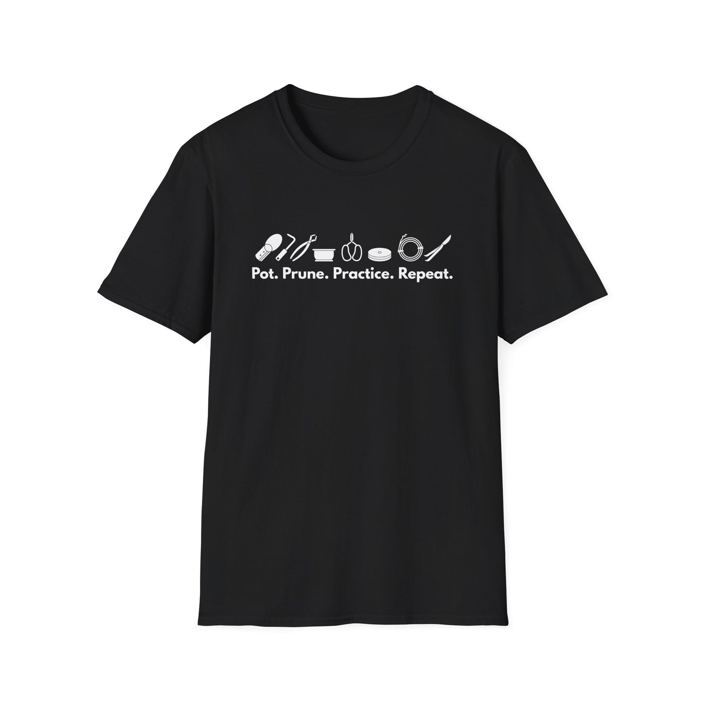 Tshirt G: Bonsai Tools T-Shirt for Bonsai Hobbyists, Pot, Prune, Practice, Repeat Bonsai Lover Shirt, Soil Scoop, Pruners, Scissors, Wire, Turntable
