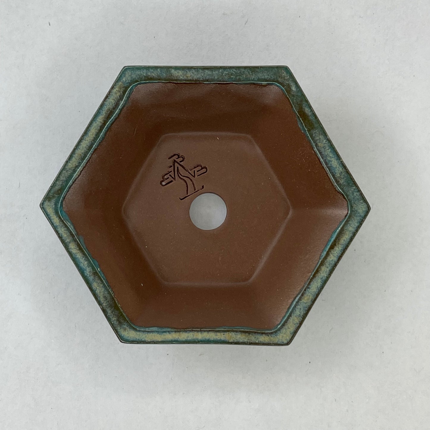 New! Tiny Shallow Hexagon Mame Bonsai Pot in Turquoise Lustre Chocolate, About 2.5 inches wide