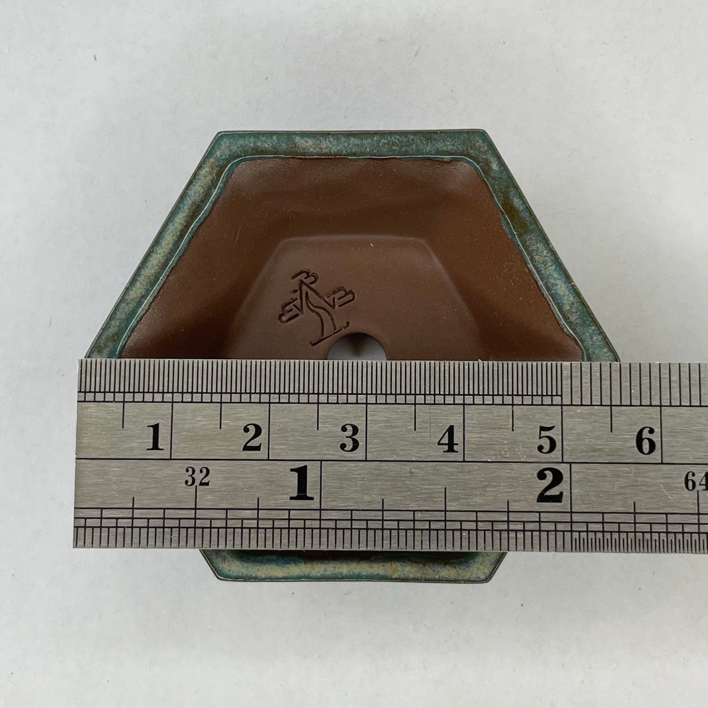 New! Tiny Shallow Hexagon Mame Bonsai Pot in Turquoise Lustre Chocolate, About 2.5 inches wide