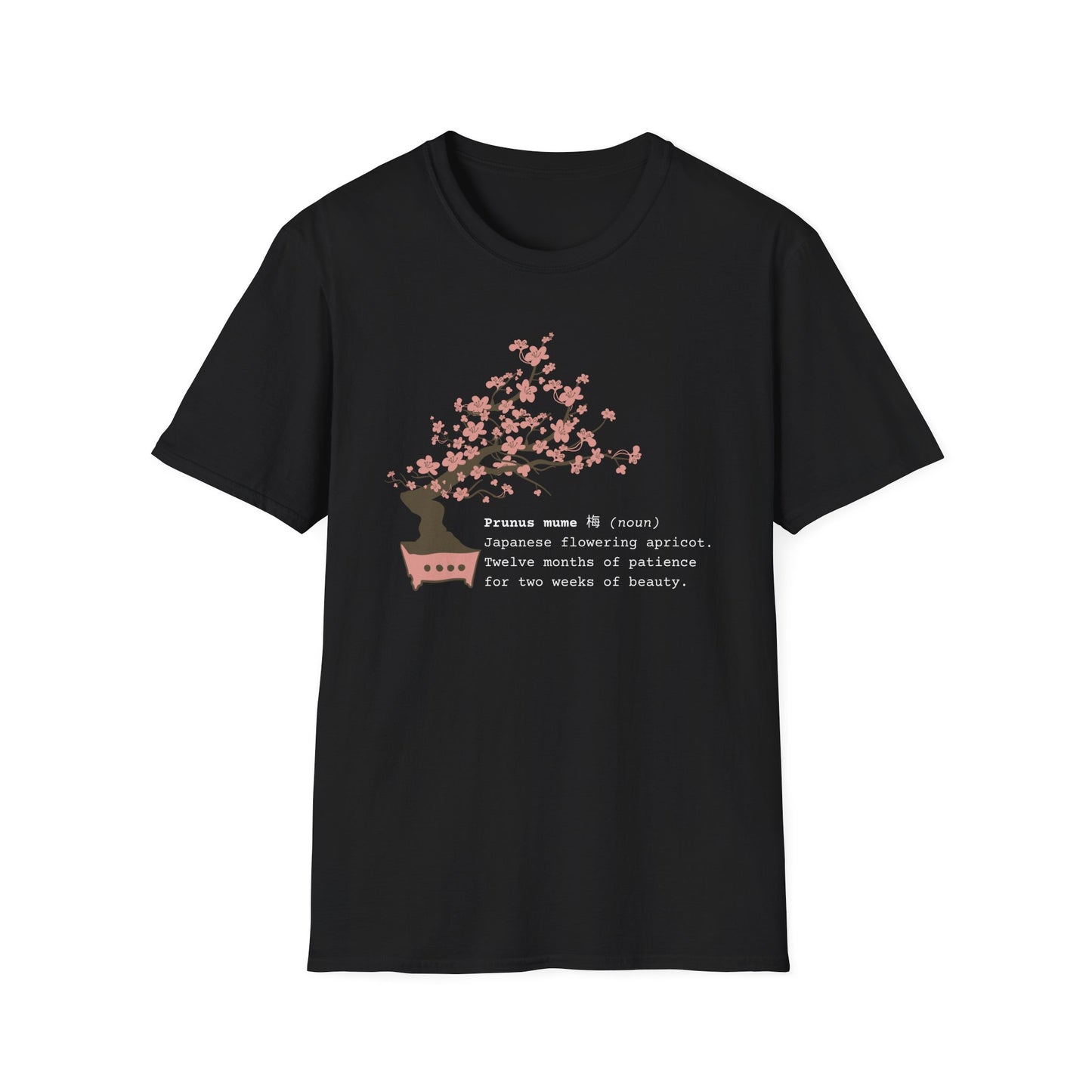 Tshirt 6: Bonsai Prunus Mume Softstyle T-Shirt, Cherry Blossom Bonsai Tree Shirt, Flowering Apricot Botanical Art, Zen Bonsai Enthusiast Gift, Garden