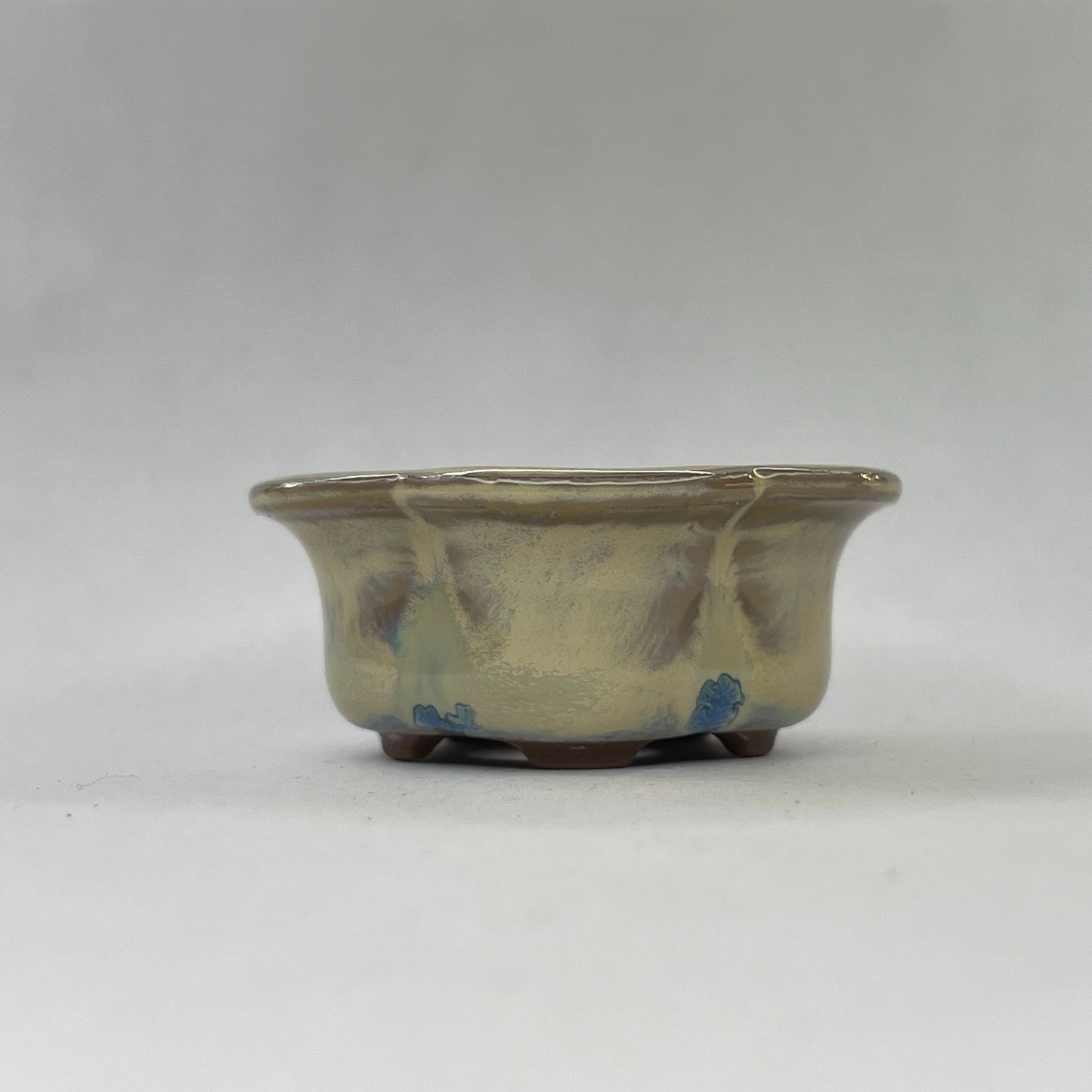 New! Tiny Flower-Shaped Mame Bonsai Pot in Chocolate Blue Snowflake, Less than 1.5 inches wide
