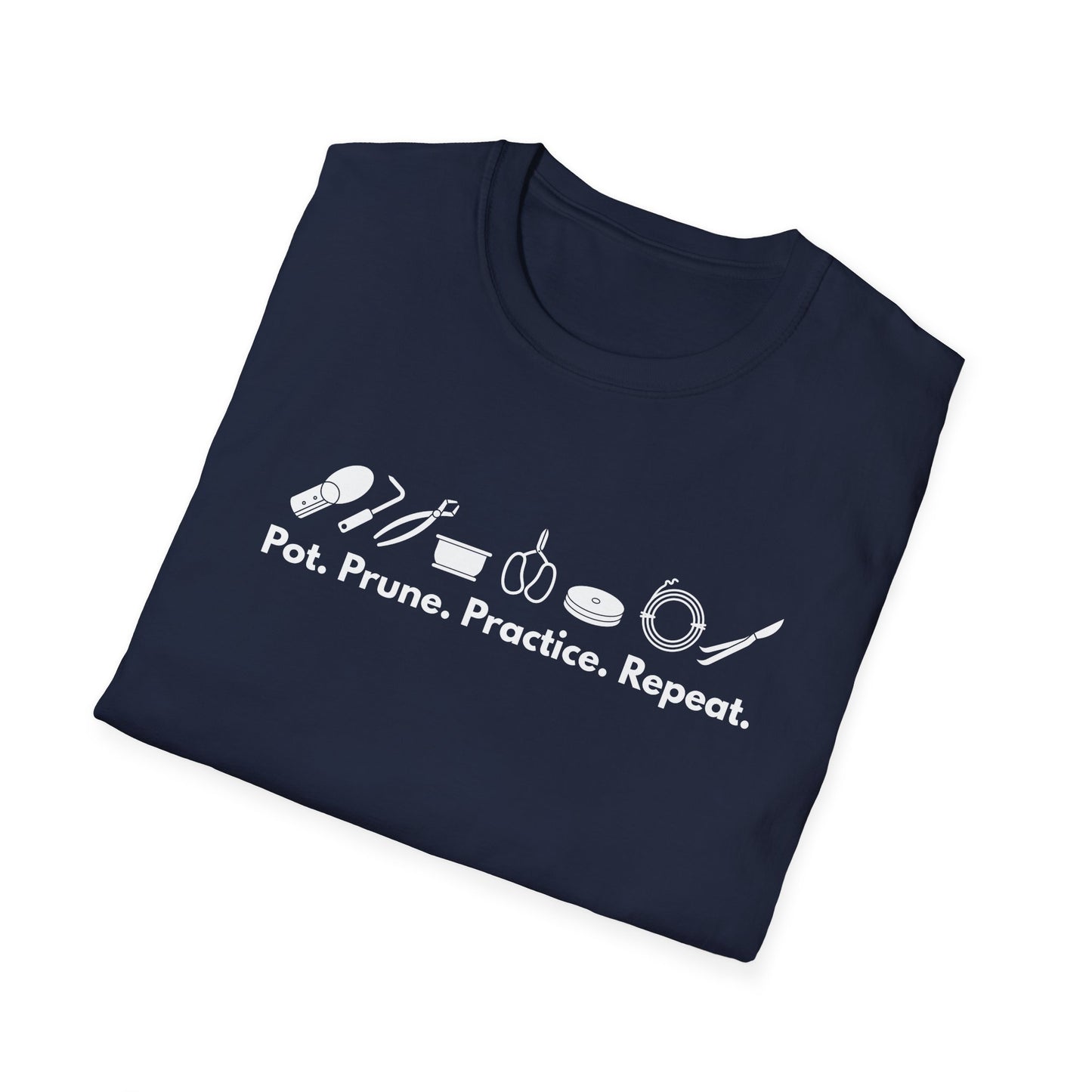 Tshirt G: Bonsai Tools T-Shirt for Bonsai Hobbyists, Pot, Prune, Practice, Repeat Bonsai Lover Shirt, Soil Scoop, Pruners, Scissors, Wire, Turntable