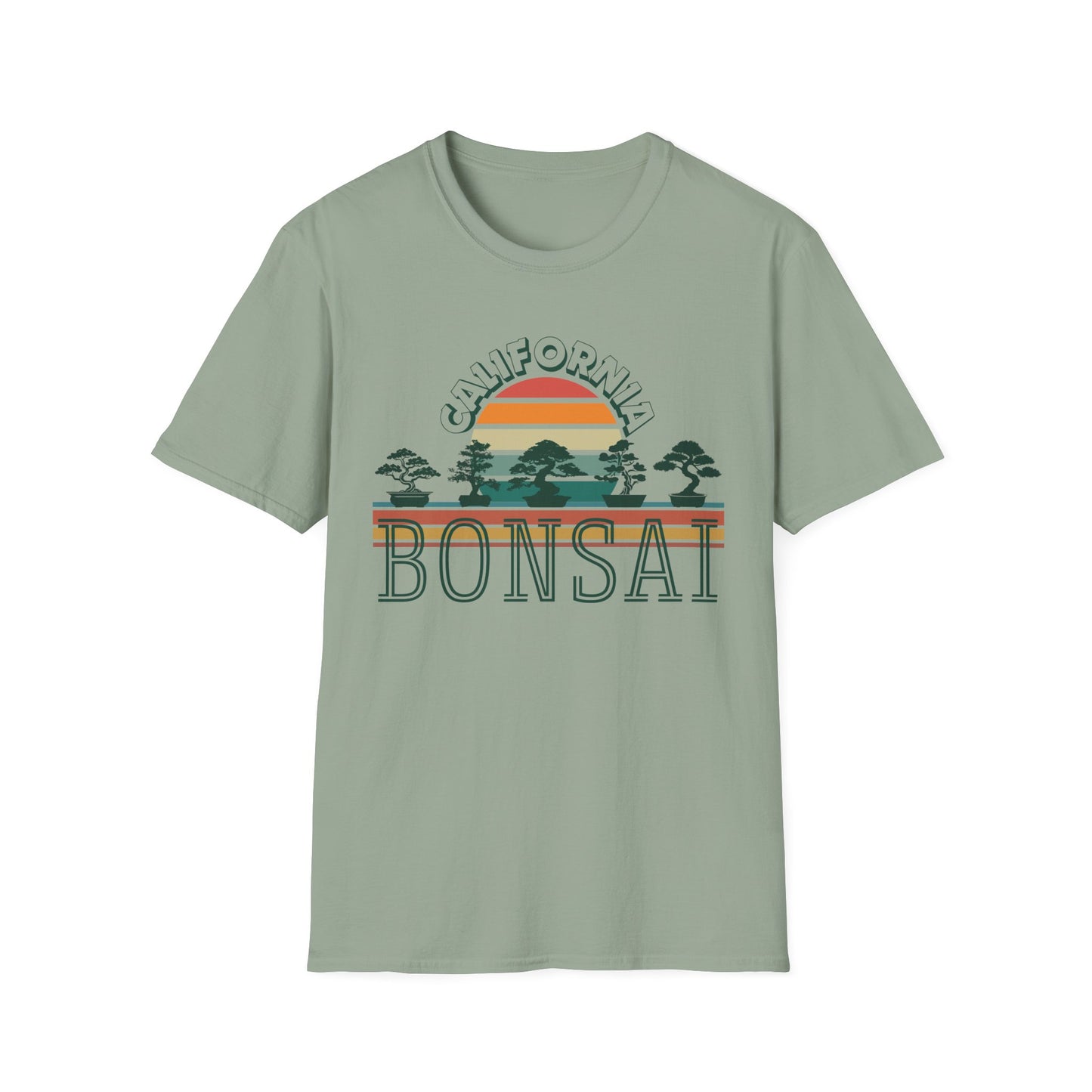 Tshirt 1: Vintage California Sunset Bonsai Tree T-Shirt, Bonsai Lover Hobby Gift, Retro Style Rainbow Sunset Softstyle Tee, Summer Beach Bonsai Shirt