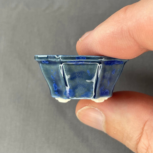New! Tiny Flower-Shaped Mame Bonsai Pot in Deep Blue Cerulean, About 1.25 inches wide
