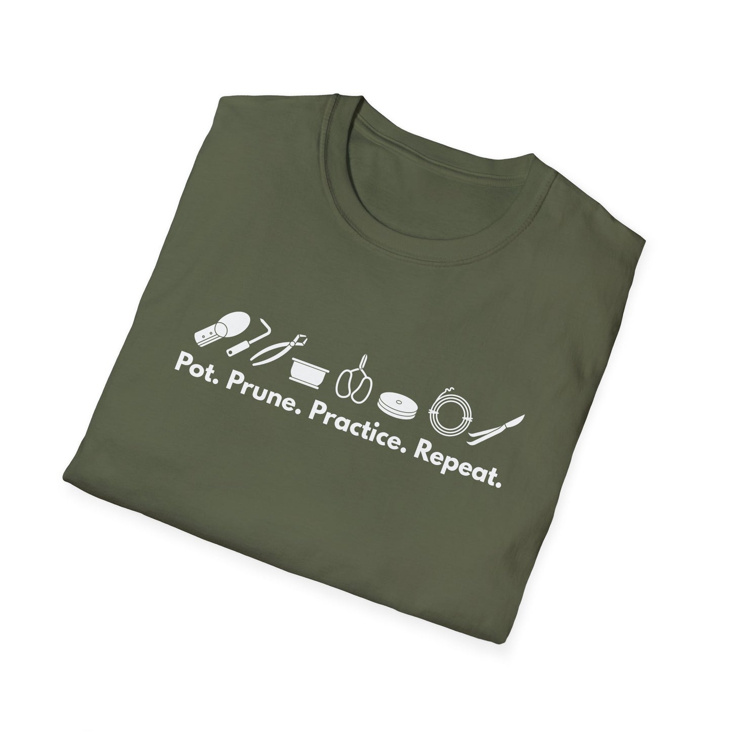 Tshirt G: Bonsai Tools T-Shirt for Bonsai Hobbyists, Pot, Prune, Practice, Repeat Bonsai Lover Shirt, Soil Scoop, Pruners, Scissors, Wire, Turntable