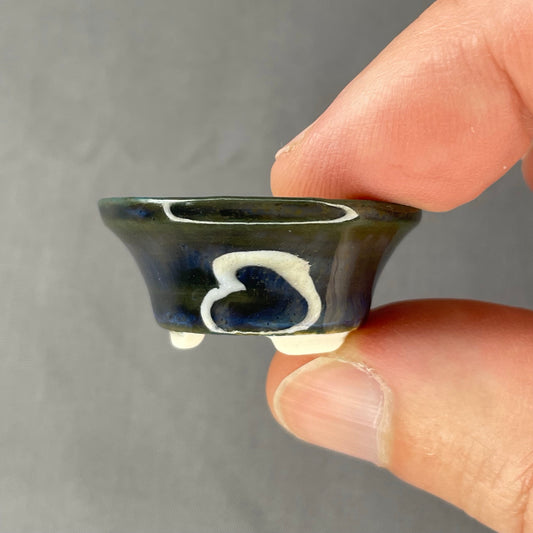 New! Tiny Flared Round Mame Bonsai Pot in Dark Teal Champagne, Less than 1.25 inches wide
