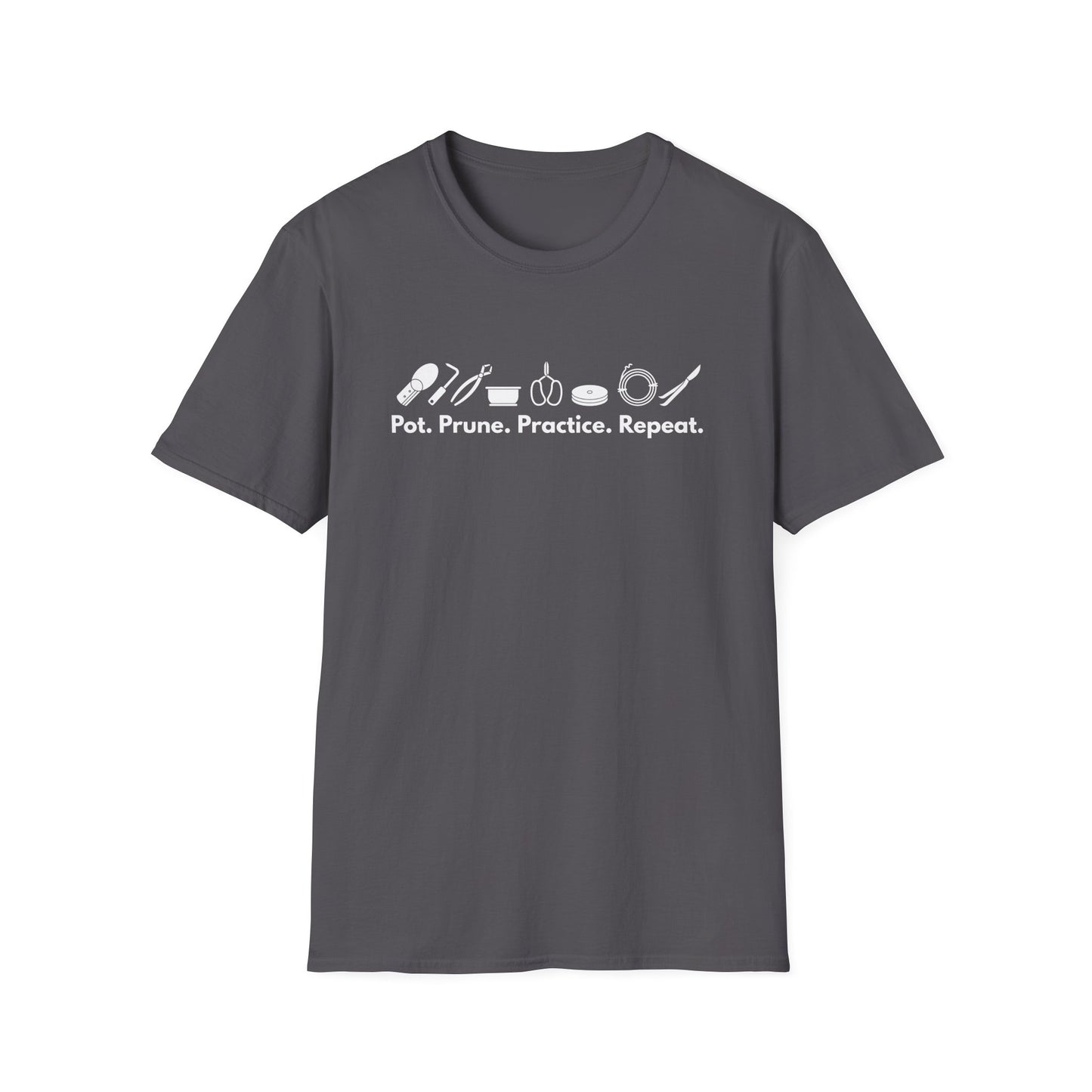 Tshirt G: Bonsai Tools T-Shirt for Bonsai Hobbyists, Pot, Prune, Practice, Repeat Bonsai Lover Shirt, Soil Scoop, Pruners, Scissors, Wire, Turntable