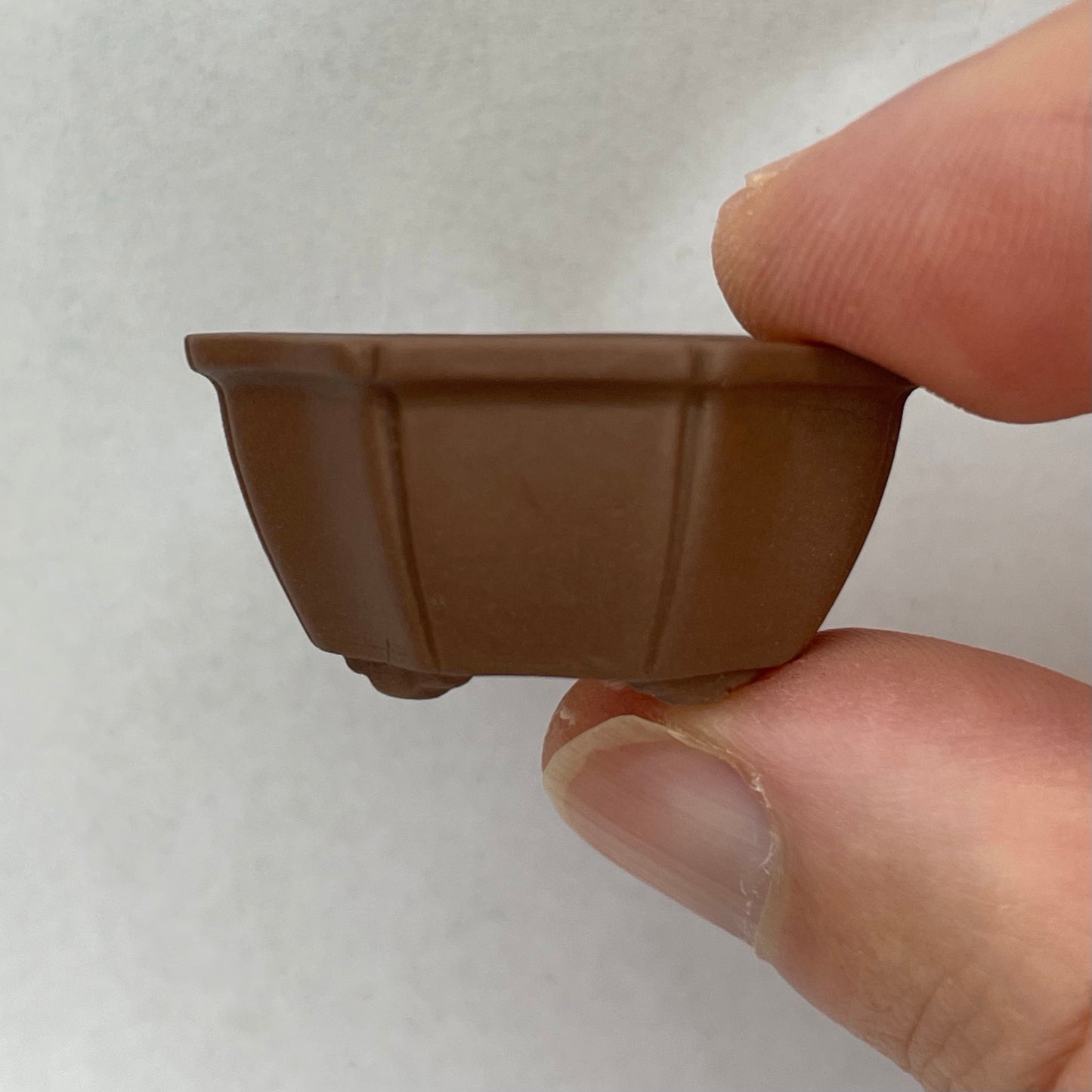 Tiny Unglazed Flower-Shaped Mame Bonsai Pot in Chocolate Porcelain, Less than 1.5 inches wide