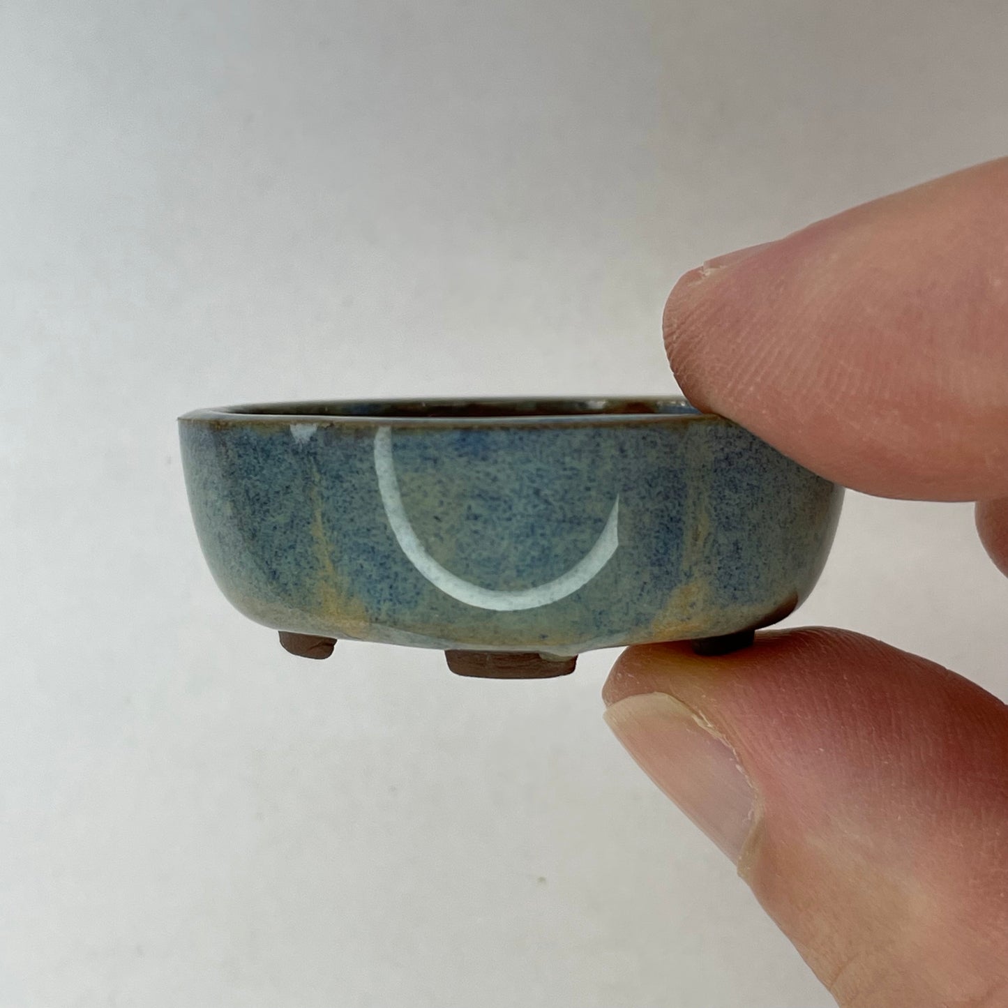 New! Tiny Rounded Oval Mame Bonsai Pot in Blue Opal, about 1.5 inches wide