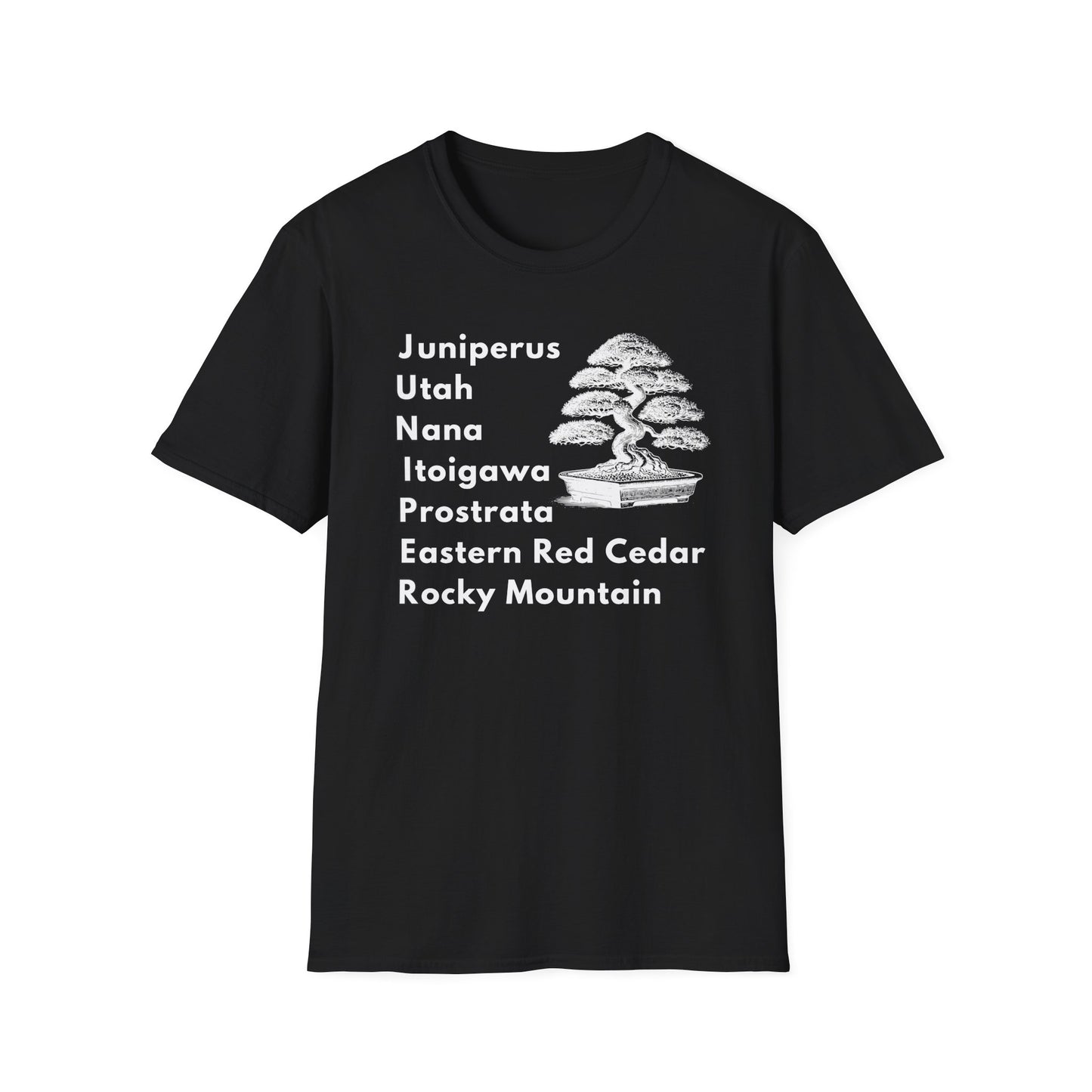 Tshirt: Juniper Bonsai Tree Varieties Tee, Juniperus Tree Types Softstyle T-Shirt, Bonsai Enthusiast Gift for Him, Bonsai Word Art Top, Itoigawa Tee