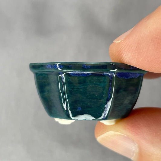 New! Tiny Flower-Shaped Mame Bonsai Pot in Teal Cerulean, Less than 1.5 inches wide