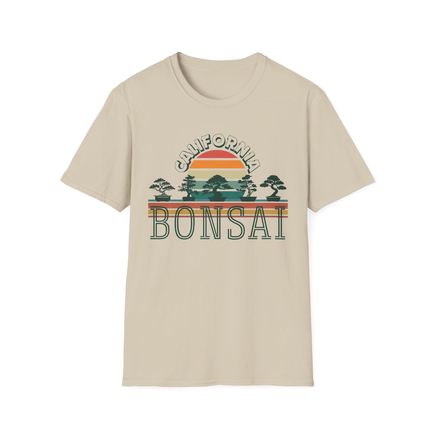 Tshirt 1: Vintage California Sunset Bonsai Tree T-Shirt, Bonsai Lover Hobby Gift, Retro Style Rainbow Sunset Softstyle Tee, Summer Beach Bonsai Shirt
