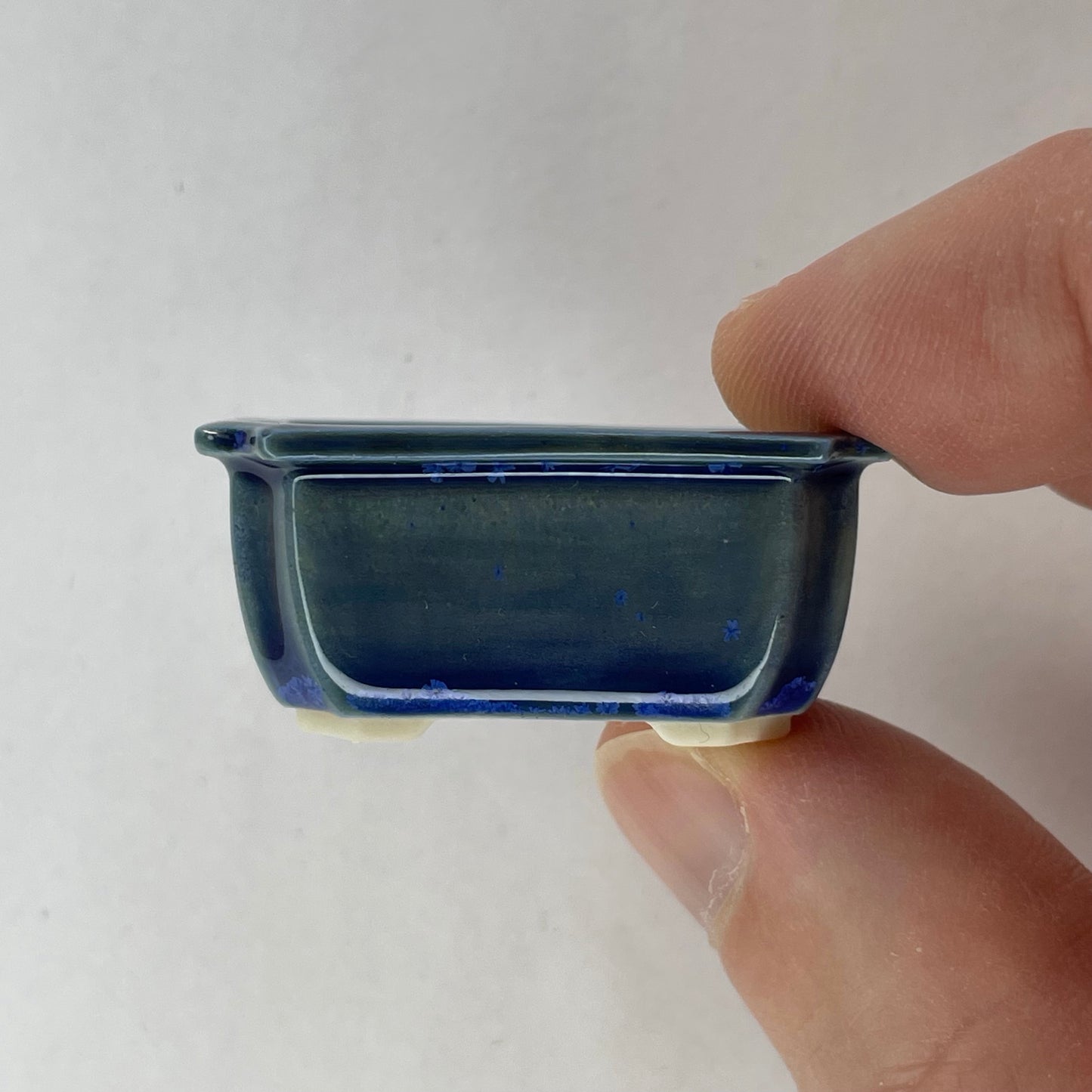 Tiny Rectangle Mame Bonsai Pot in Dark Cerulean, About 1.5 inches long
