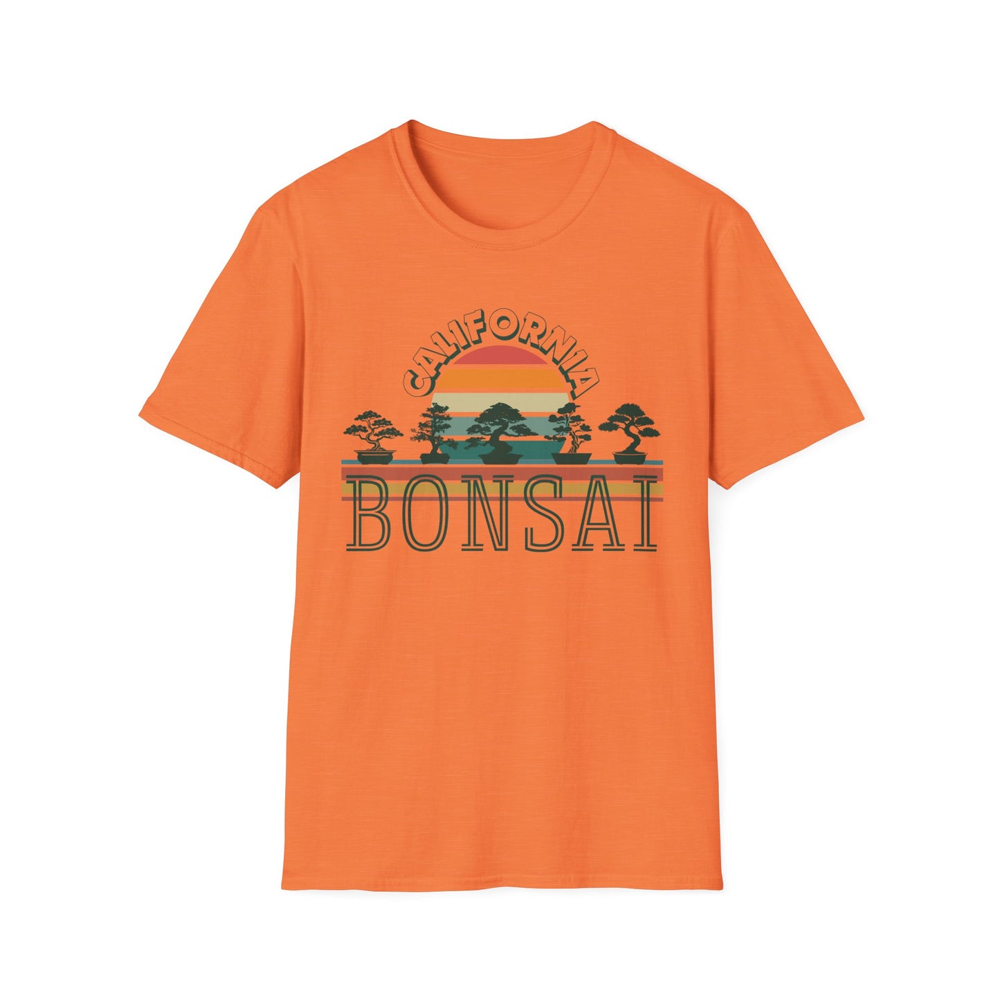 Tshirt 1: Vintage California Sunset Bonsai Tree T-Shirt, Bonsai Lover Hobby Gift, Retro Style Rainbow Sunset Softstyle Tee, Summer Beach Bonsai Shirt