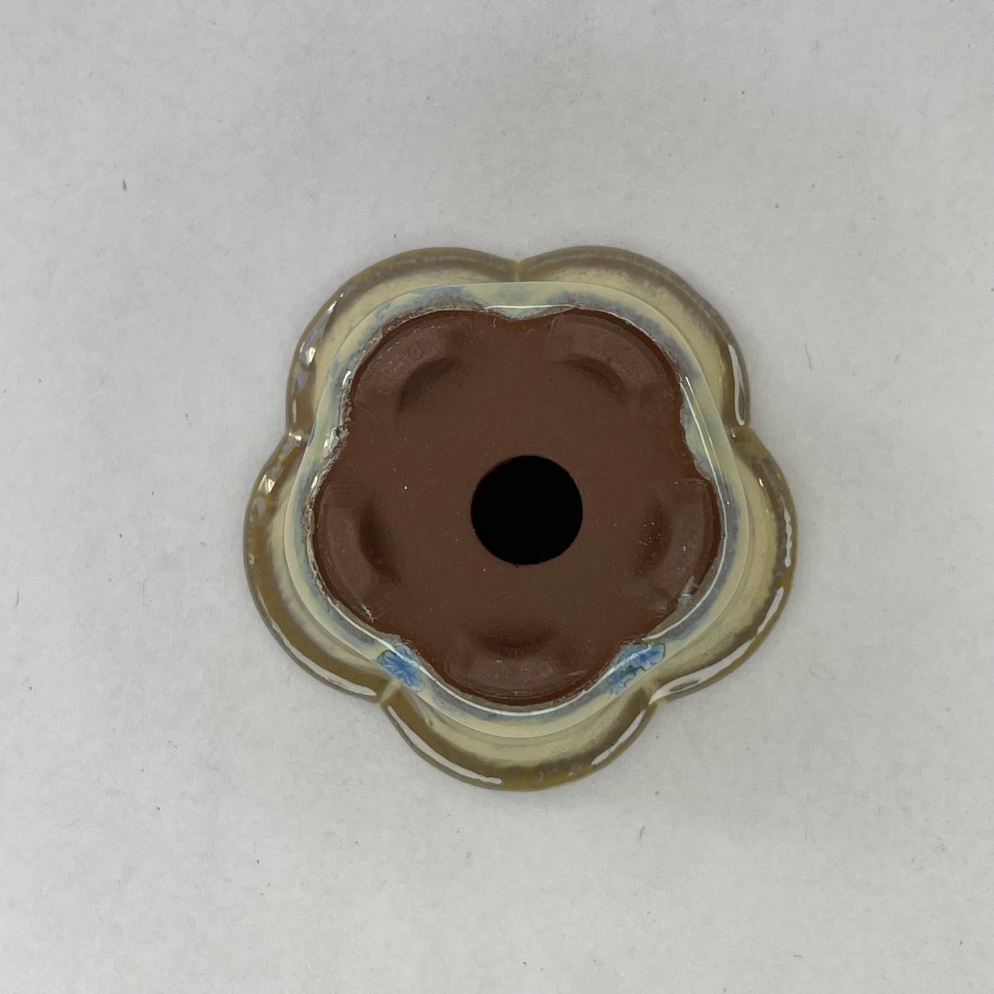 New! Tiny Flower-Shaped Mame Bonsai Pot in Chocolate Blue Snowflake, Less than 1.5 inches wide