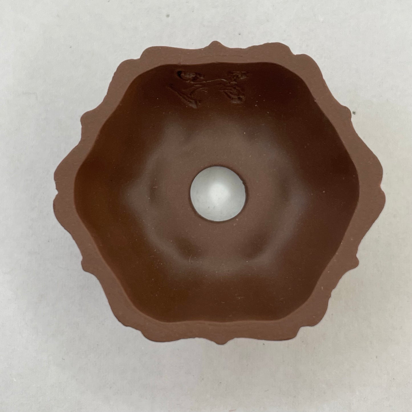 Tiny Unglazed Flower-Shaped Mame Bonsai Pot in Chocolate Porcelain, Less than 1.5 inches wide