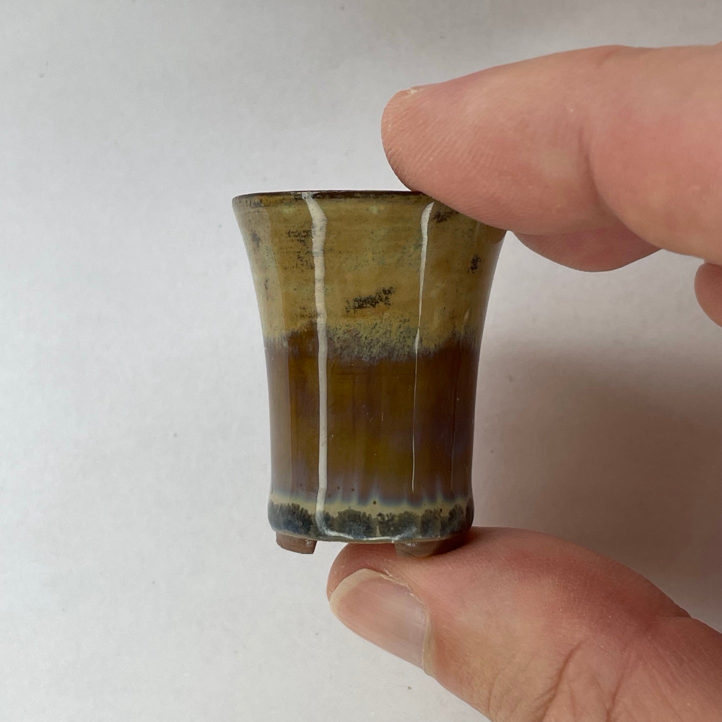 New! Tiny Cascade Mame Bonsai Chocolate Porcelain Pot in Layered Opal Lustre, About 1.5 inches tall