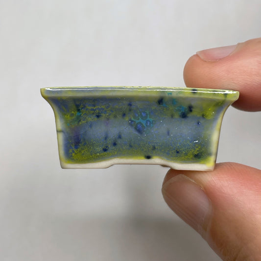 New! Tiny Rectangle Mame Bonsai Pot in Mardi Gras Moss, Only 1.5 inches wide
