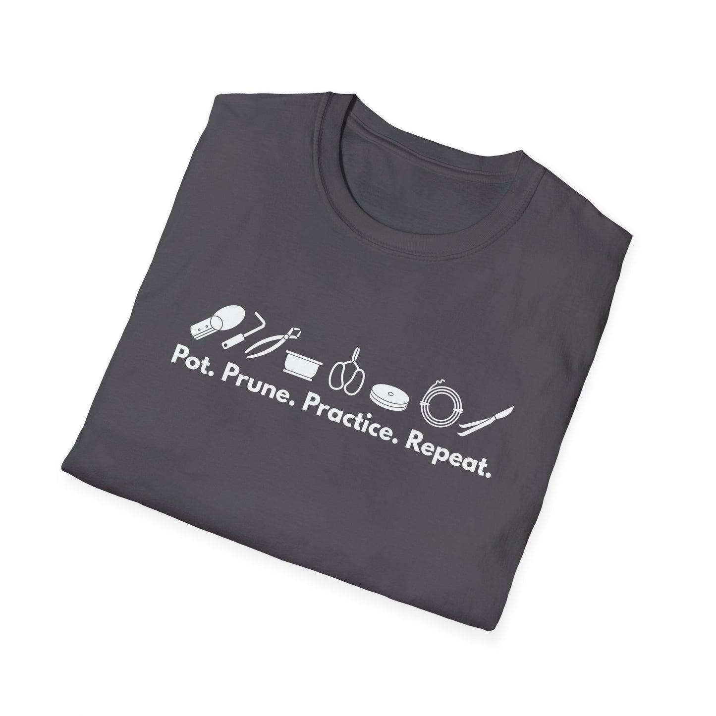 Tshirt G: Bonsai Tools T-Shirt for Bonsai Hobbyists, Pot, Prune, Practice, Repeat Bonsai Lover Shirt, Soil Scoop, Pruners, Scissors, Wire, Turntable