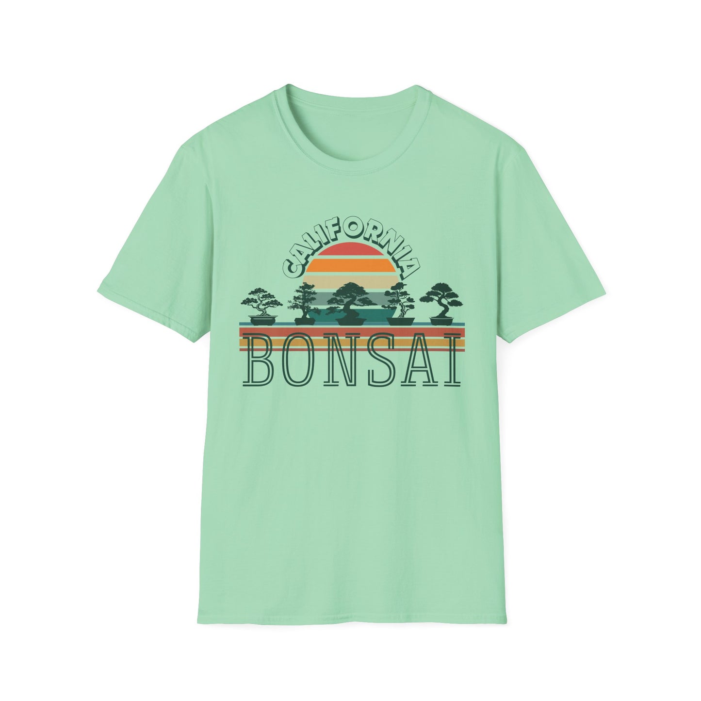 Tshirt 1: Vintage California Sunset Bonsai Tree T-Shirt, Bonsai Lover Hobby Gift, Retro Style Rainbow Sunset Softstyle Tee, Summer Beach Bonsai Shirt