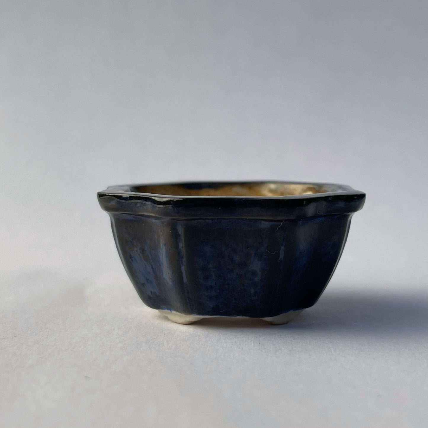 New! Tiny Flower-Shaped Mame Bonsai Pot in Blue Champagne, Less than 1.5 inches wide