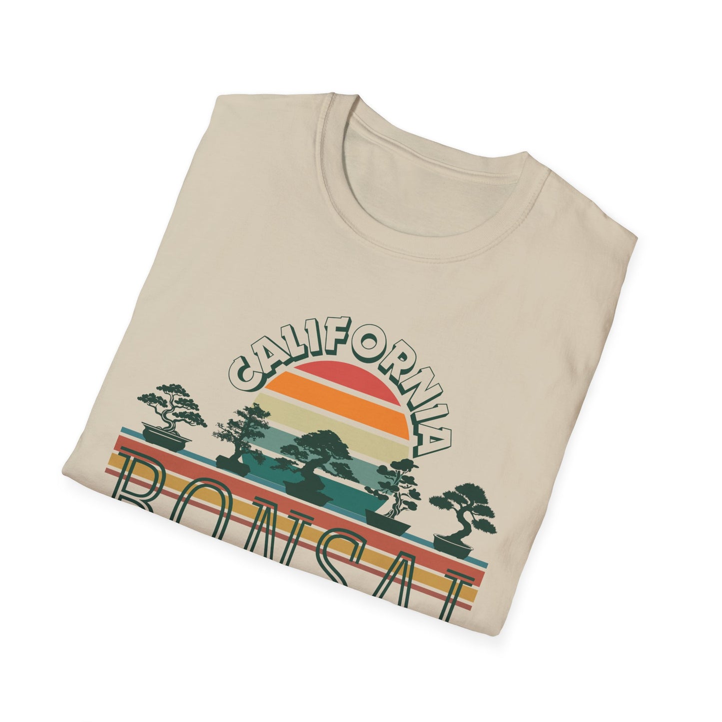 Tshirt 1: Vintage California Sunset Bonsai Tree T-Shirt, Bonsai Lover Hobby Gift, Retro Style Rainbow Sunset Softstyle Tee, Summer Beach Bonsai Shirt