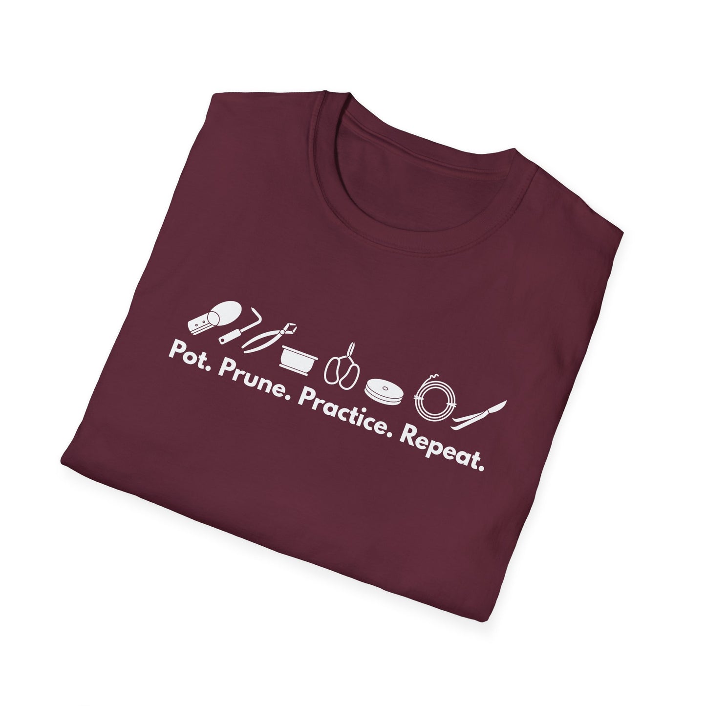 Tshirt G: Bonsai Tools T-Shirt for Bonsai Hobbyists, Pot, Prune, Practice, Repeat Bonsai Lover Shirt, Soil Scoop, Pruners, Scissors, Wire, Turntable