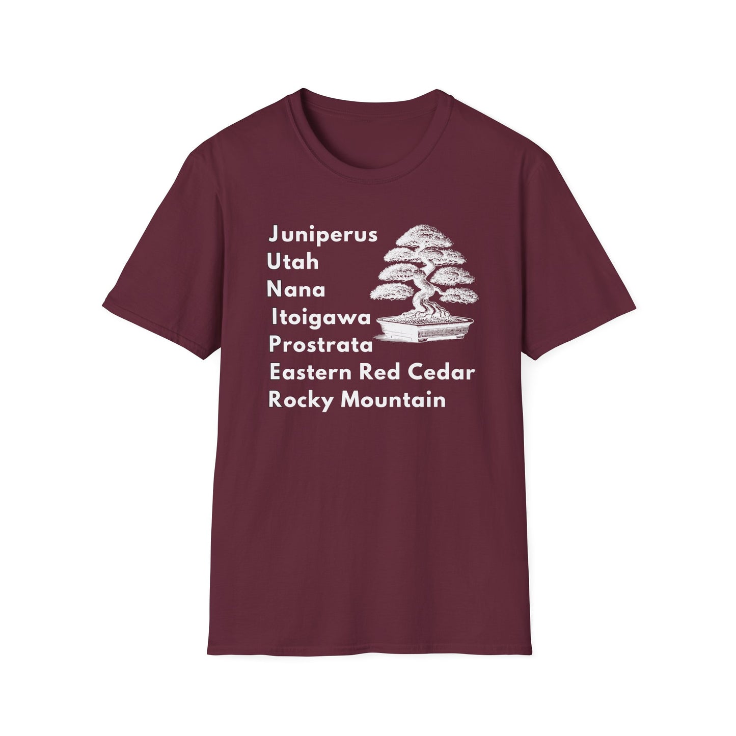 Tshirt: Juniper Bonsai Tree Varieties Tee, Juniperus Tree Types Softstyle T-Shirt, Bonsai Enthusiast Gift for Him, Bonsai Word Art Top, Itoigawa Tee