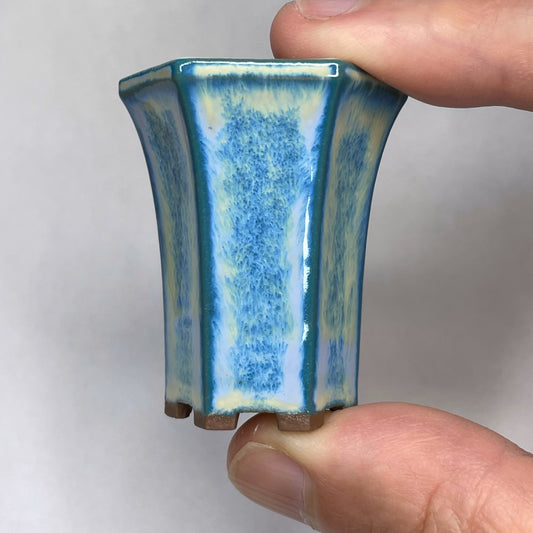 New! Tiny Cascade Mame Bonsai Pot in Turquoise Snow, About 1.75 inches tall