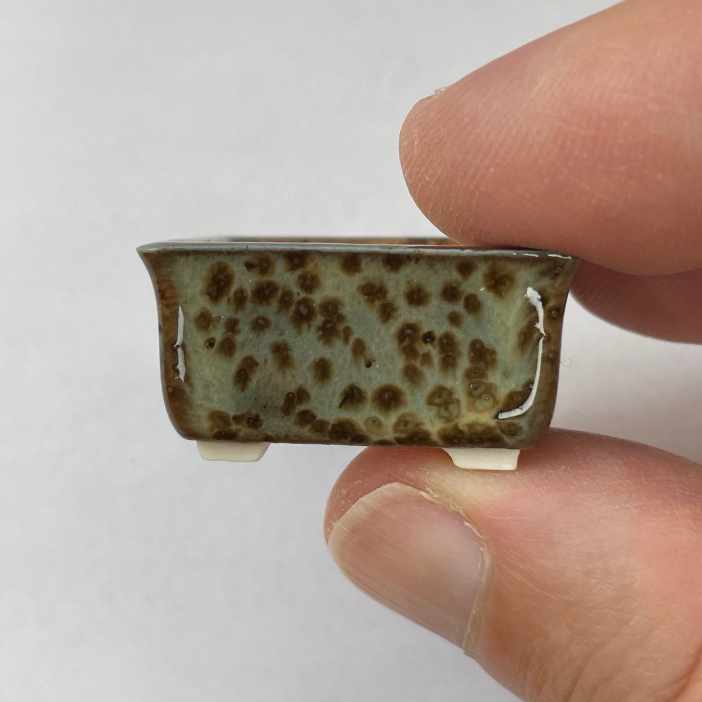 New! Tiny Rectangle Mame Bonsai Pot in Green Leopard, about 1.25 inches long, Handcrafted Miniature Pot