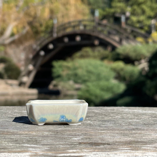 New! Tiny Rectangle Mame Bonsai Pot in Blue Snowflake, Less than 1.5 inches wide