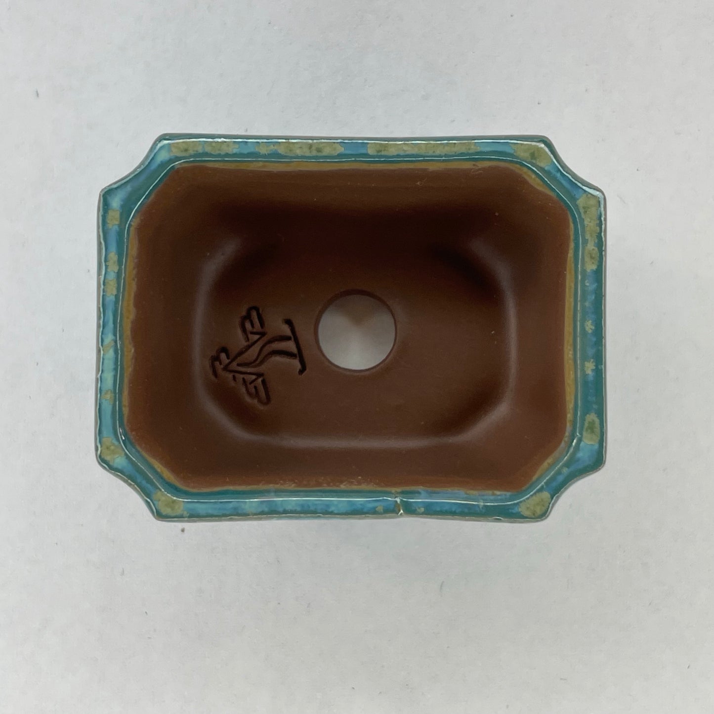 Tiny Scalloped Rectangle Mame Bonsai Pot in Turquoise Jade Chocolate, Only 1.5 inches long