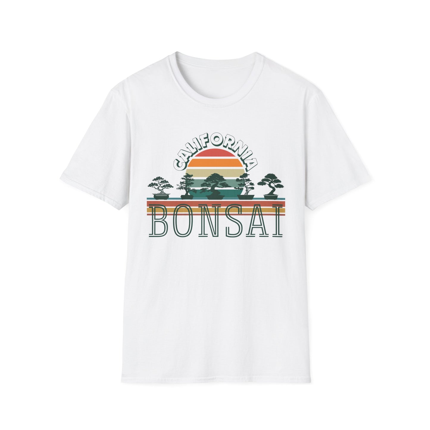 Tshirt 1: Vintage California Sunset Bonsai Tree T-Shirt, Bonsai Lover Hobby Gift, Retro Style Rainbow Sunset Softstyle Tee, Summer Beach Bonsai Shirt
