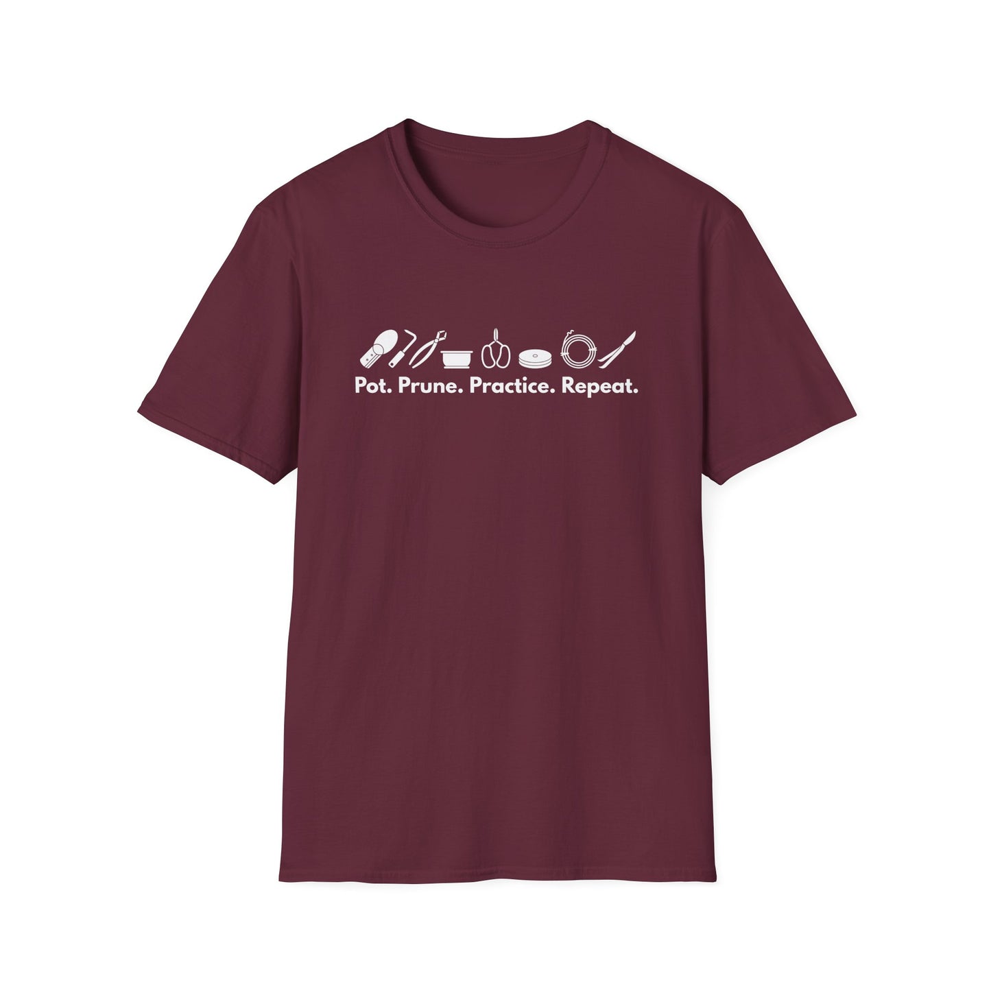 Tshirt G: Bonsai Tools T-Shirt for Bonsai Hobbyists, Pot, Prune, Practice, Repeat Bonsai Lover Shirt, Soil Scoop, Pruners, Scissors, Wire, Turntable
