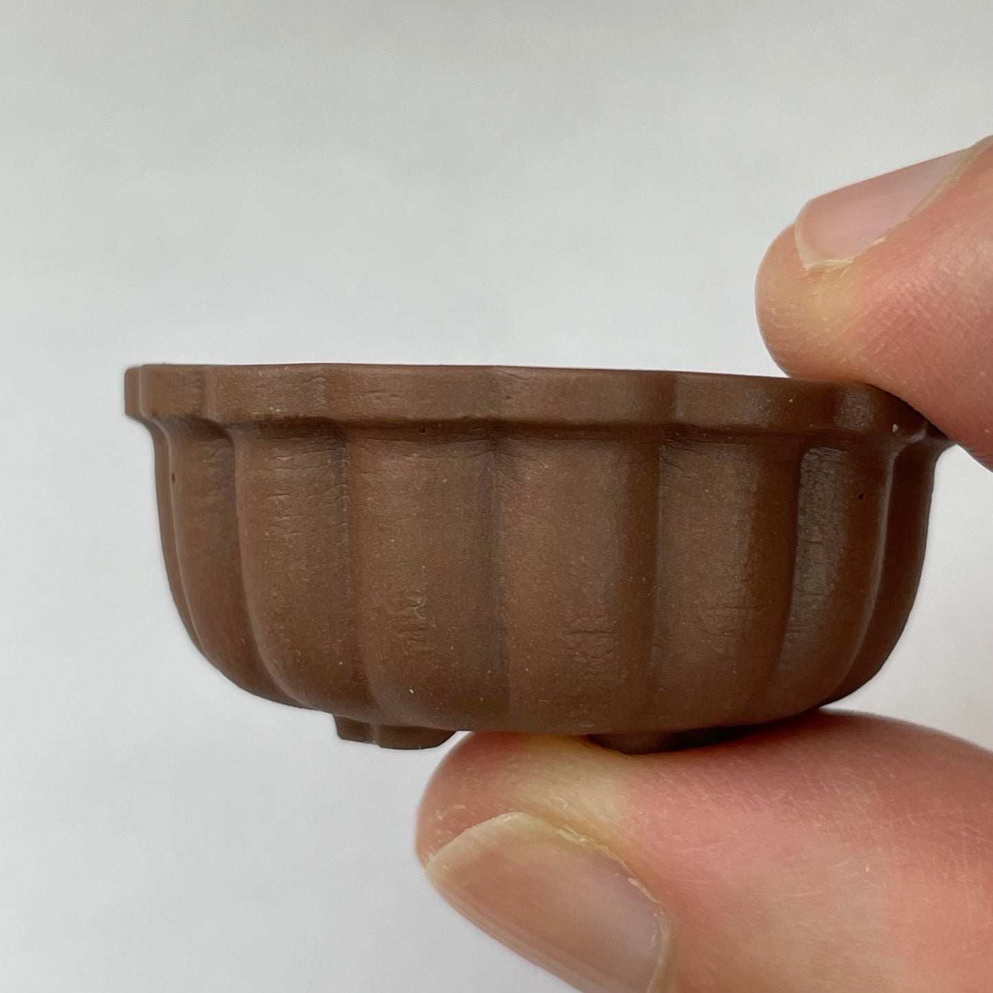 Tiny Unglazed Round Scalloped Mame Bonsai Pot in Chocolate Porcelain, Less than 1.75 inches wide