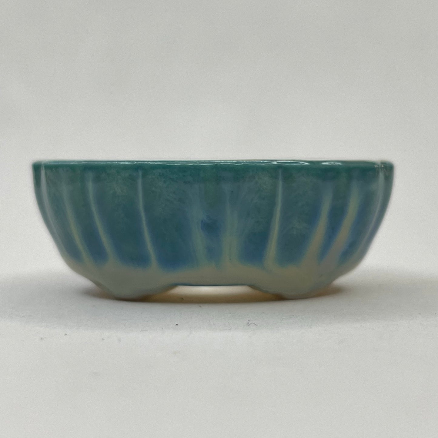 New! Tiny Scalloped Oval Mame Bonsai Pot in Turquoise Snow, Less Than 1.5 inches long