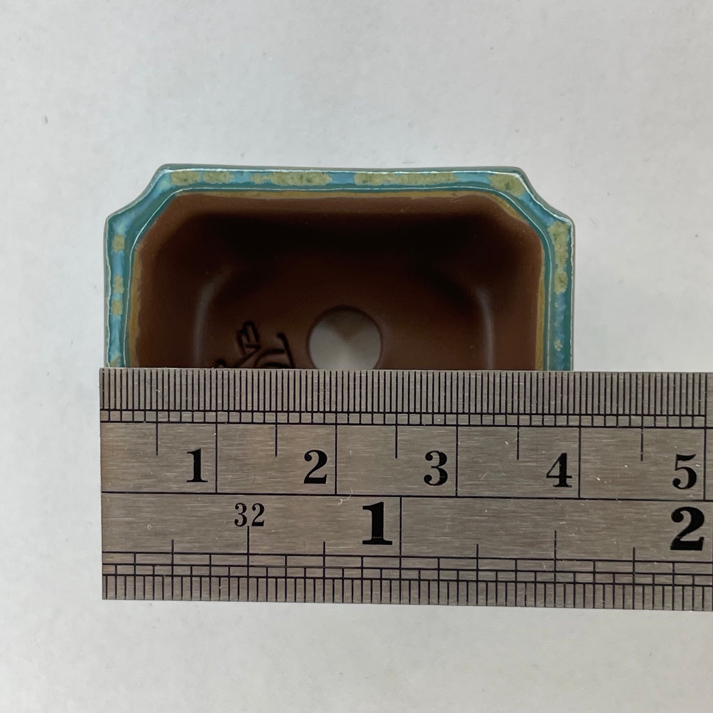 Tiny Scalloped Rectangle Mame Bonsai Pot in Turquoise Jade Chocolate, Only 1.5 inches long
