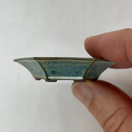 New! Tiny Shallow Hexagon Mame Bonsai Pot in Turquoise Lustre Chocolate, About 2.5 inches wide