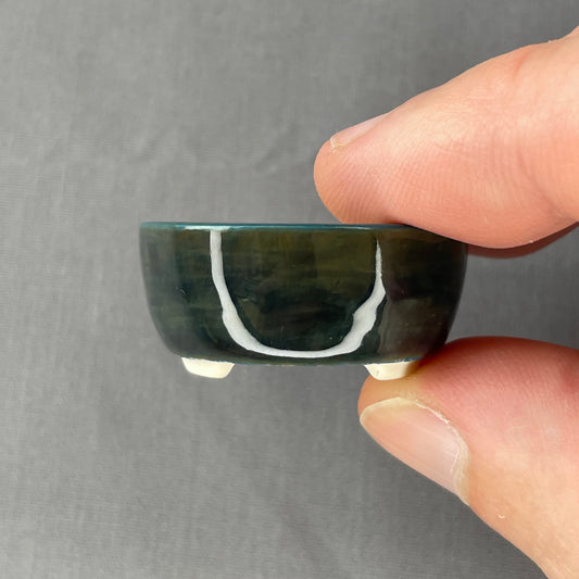 New! Tiny Round Mame Bonsai Pot in Dark Teal Ash, Less than 1.25 inches wide