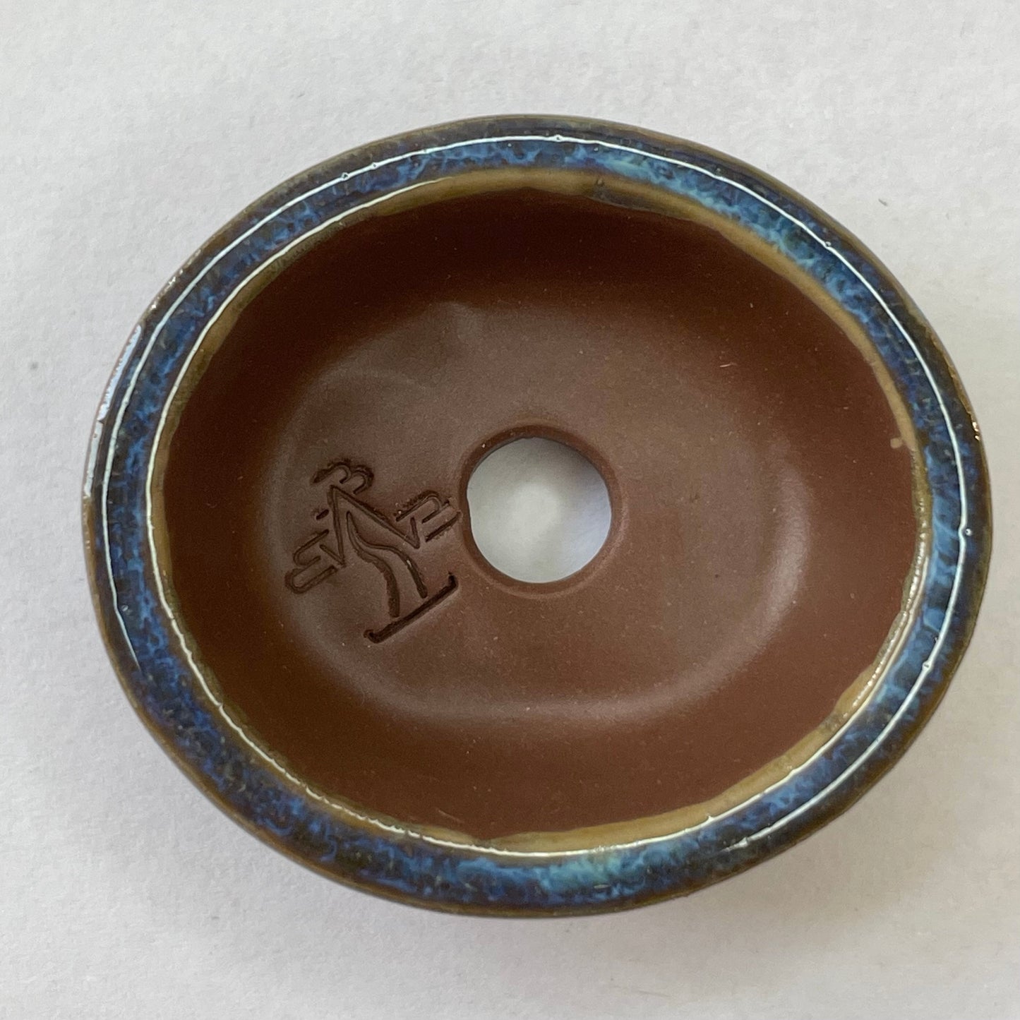 New! Tiny Oval Mame Bonsai Pot in Chocolate Porcelain with a Blue Glaze, About 1.5 inches long