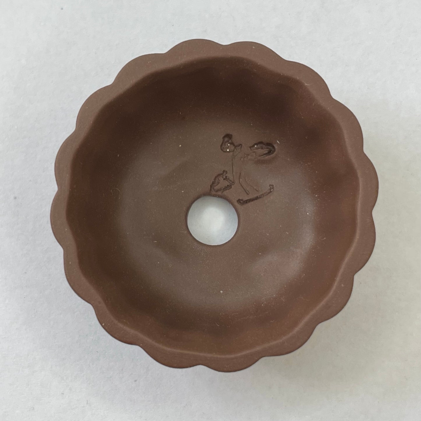 Tiny Unglazed Round Scalloped Mame Bonsai Pot in Chocolate Porcelain, Less than 1.75 inches wide