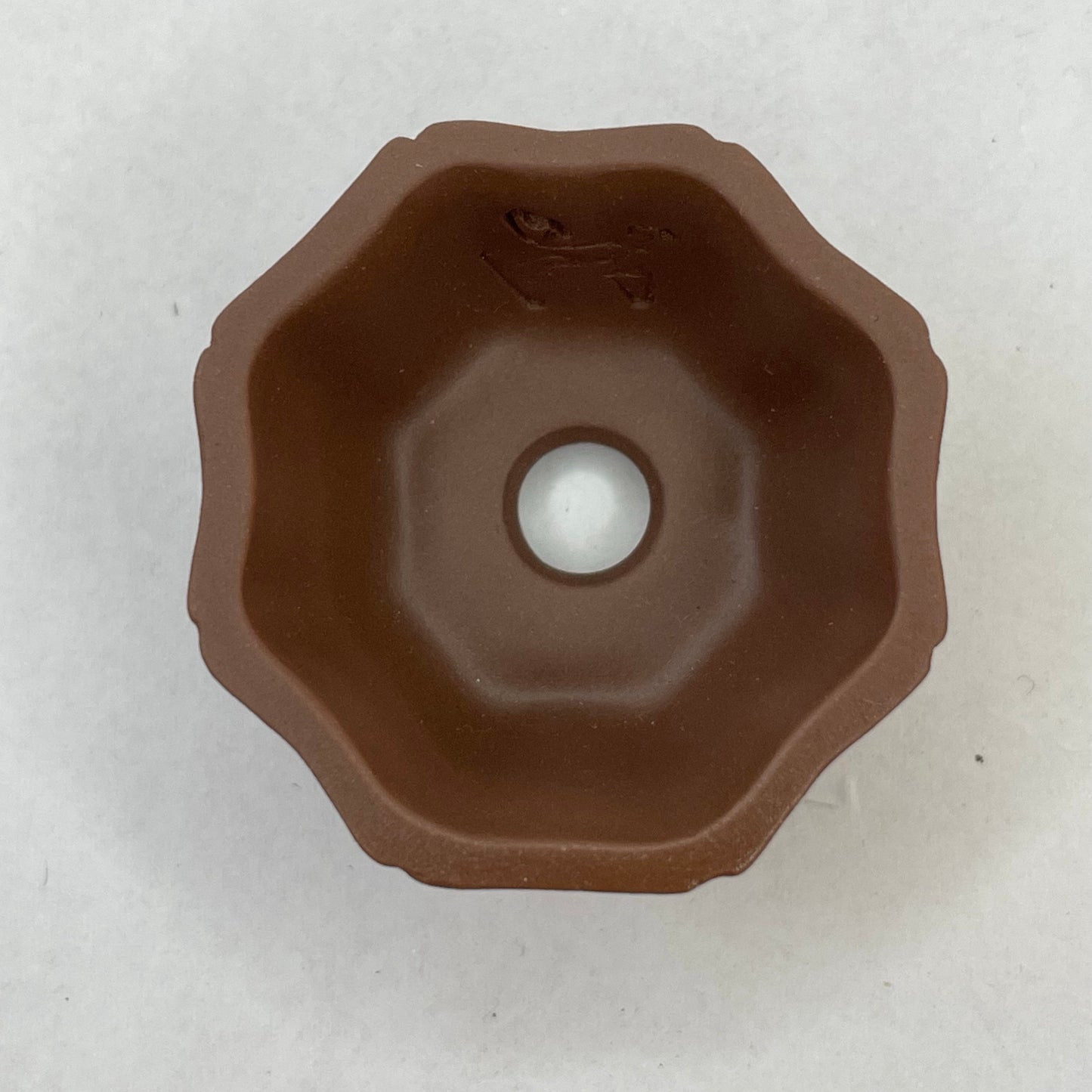 Tiny Unglazed Flower-Shaped Mame Bonsai Pot in Chocolate Porcelain, Less than 1.5 inches wide