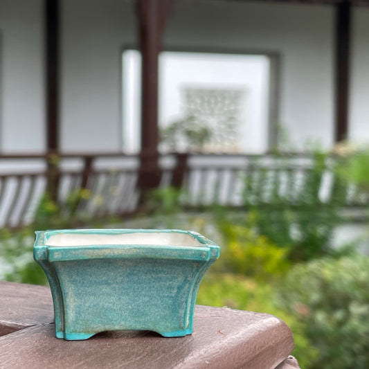 New! Tiny Flared Rectangle Mame Bonsai Pot in Turquoise Opal Lustre, about 1.5 inches wide
